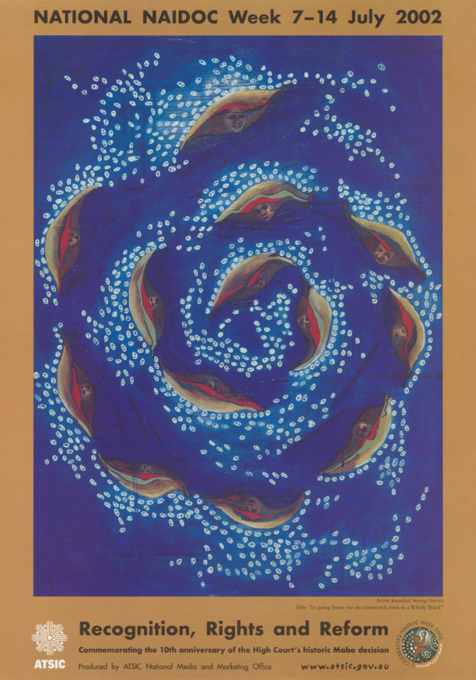 Features a painting of Aboriginal faces in leaf shapes, arranged in a spiral against a blue background.