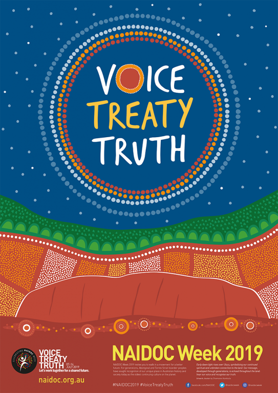 Text “Voice Treaty Truth” inside a large dot painted circle against a night’s sky. Underneath is stylised elements featuring red earth and Uluru.