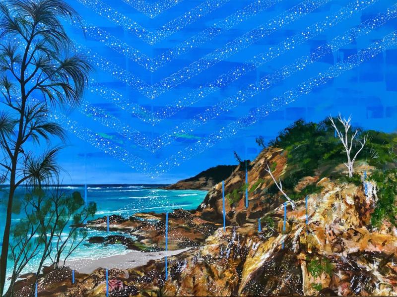 A vibrant painting by Anthony J. Walker, a Yiman, Ghungalu, Gurreng Gurreng artist, of the Byron Coastline overlayed with white traditional dotted chervon patterning  inspired by engravings on message sticks from the artists' grandparents’ Country.