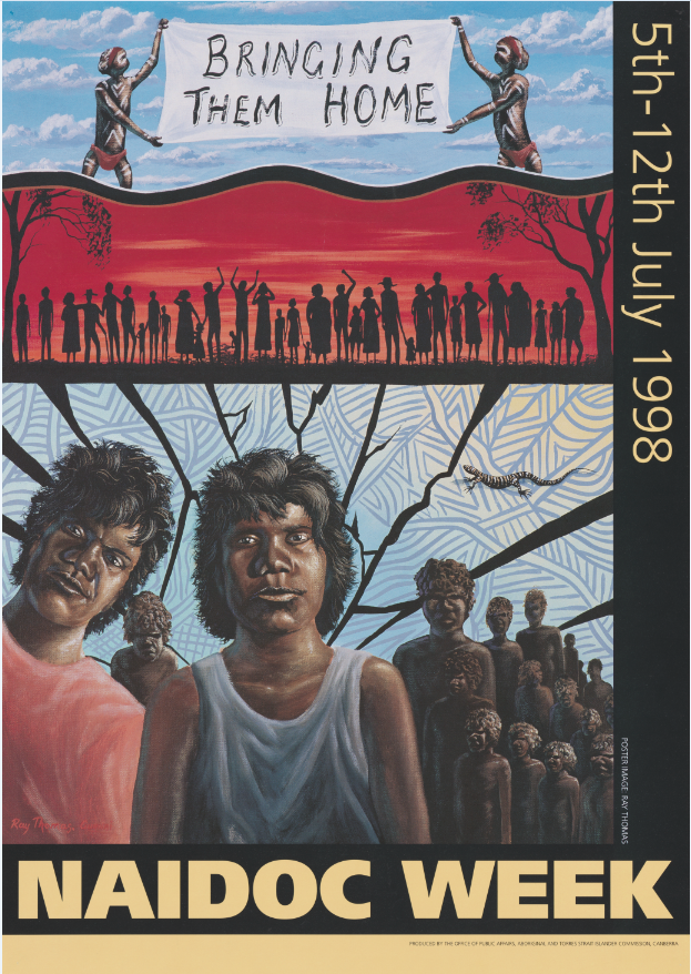 Features a painting depicting different scenes of Indigenous people, including two men holding up a white banner which contains the title.