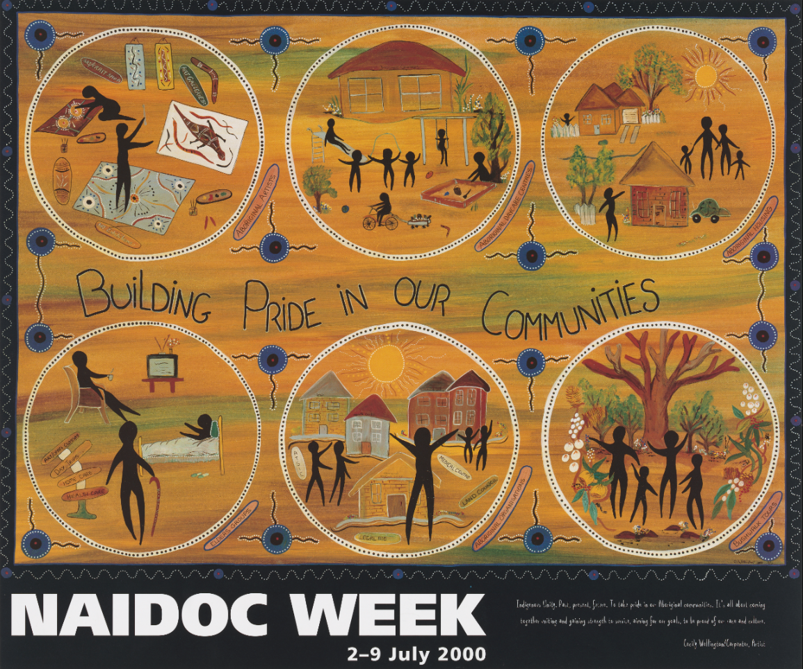 Features six circular paintings of Aboriginal people in different domestic situations.
