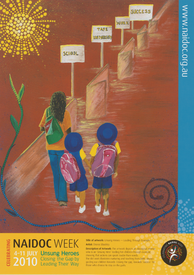 An Aboriginal mother with two children, on their path are signs that say “School” “TAFE University” “Work” “Success”.