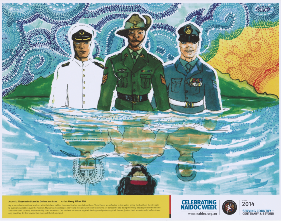 This poster depicts three brothers in military uniforms standing in water. Ancestors are reflected in the water.