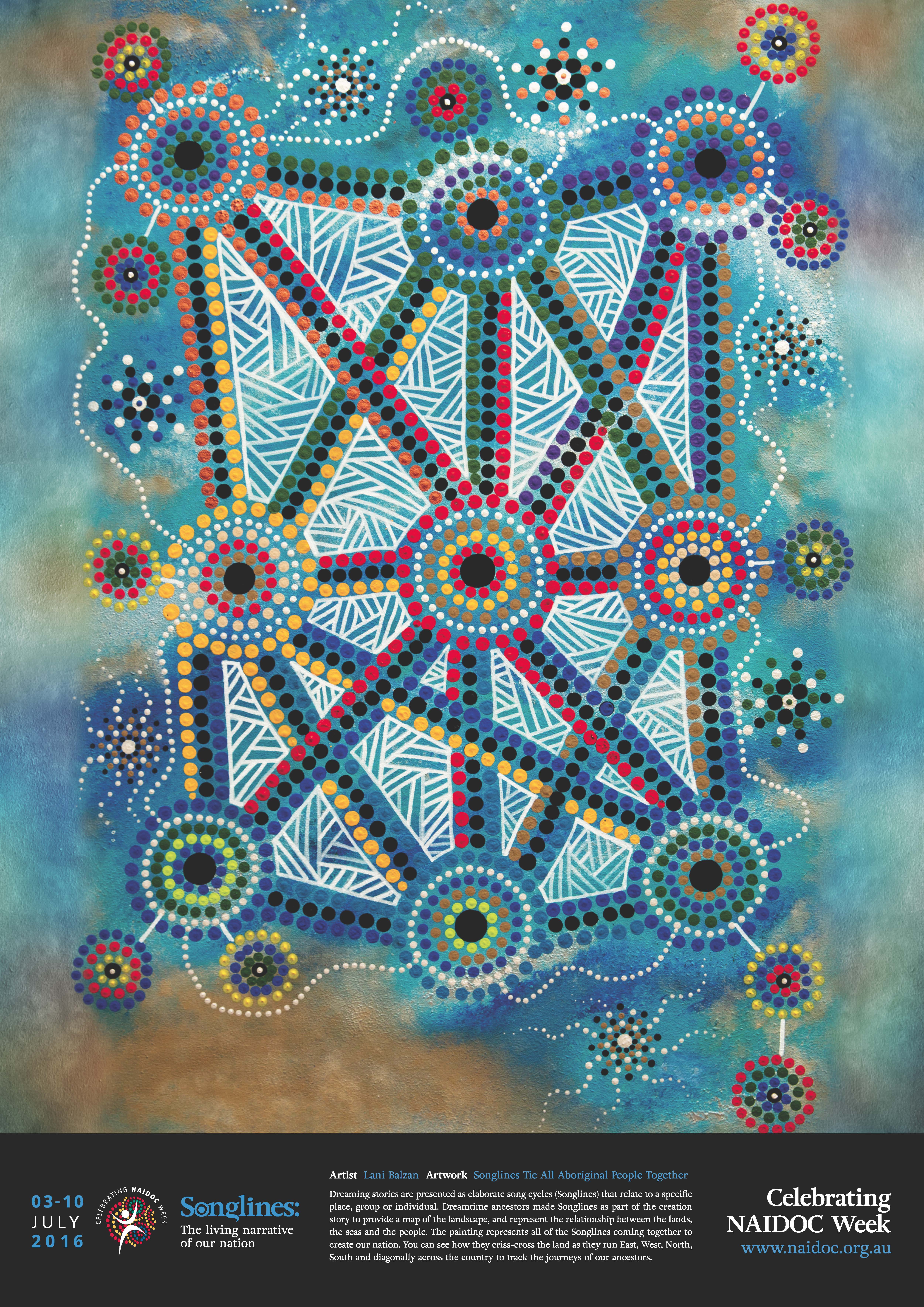 Dot artwork of Songlines criss-crossing, east to west, north to south, and diagonally.  They create a cultural network.