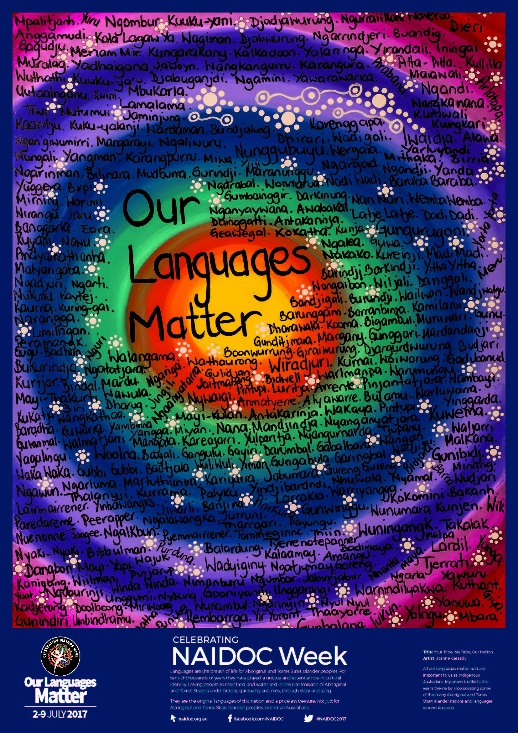 Text: ‘Our Languages Matter’. Hundreds of Aboriginal and Torres Strait Islander language names superimposed on pink, purple, blue, green, orange and yellow concentric circles.