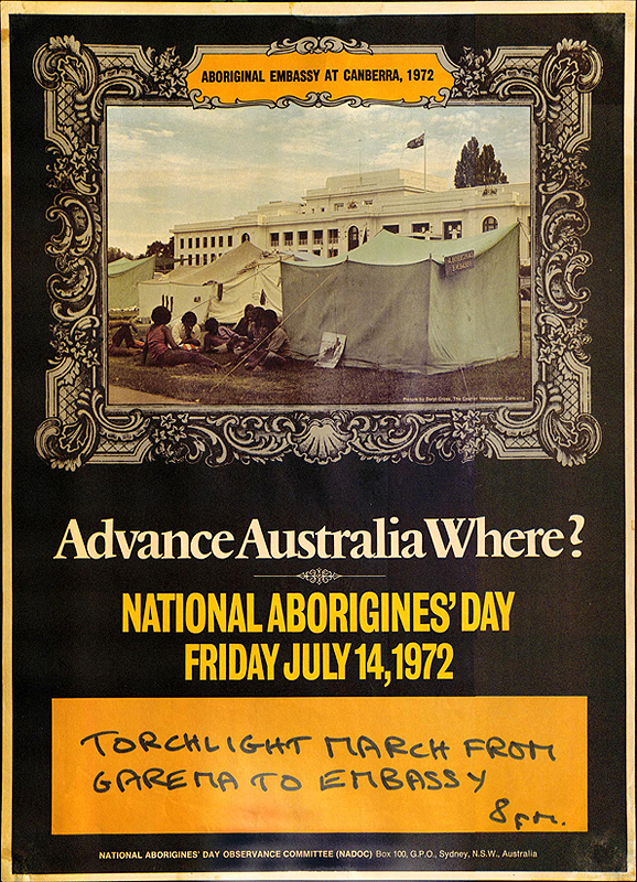 Aboriginal Tent Embassy with people sitting in front of three green tents with Old Parliament House in the background. A large blank yellow rectangle is at foot of poster and appears to be intended for the insertion of details about local events.