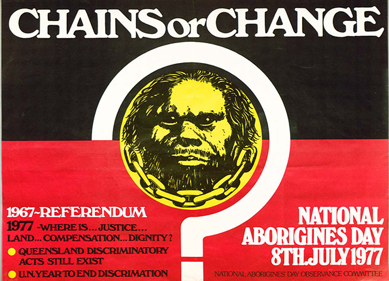 Text reads: "1967: Referendum. 1977: where is justice - land - compensation - dignity? Queensland discriminatory acts still exist. U.N year to end discrimination."