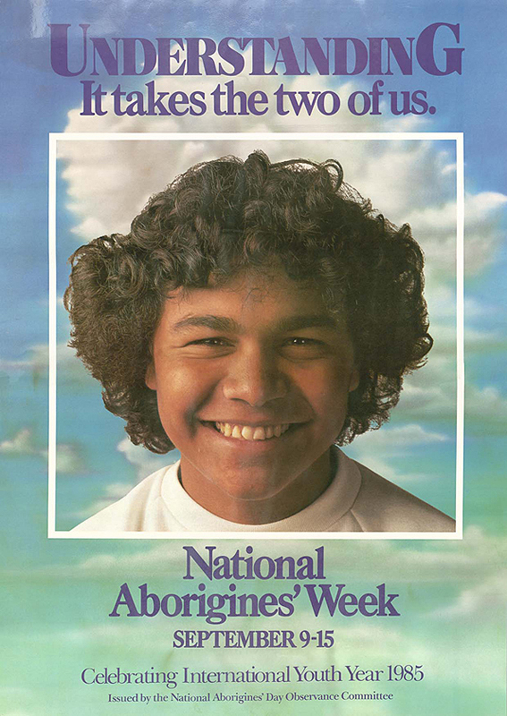 The poster also referenced the 1985 International Youth Year, with an image of a smiling younger Indigenous person.