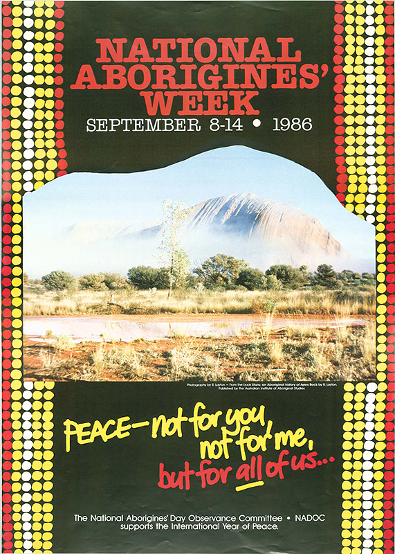 Text reads: 'Peace - not for you, not for me, but for all of us'. Captioned photograph on black background decorated by rows of red, yellow and white dots along vertical edges. Printed text above and below the photograph in red, white, and yellow print.