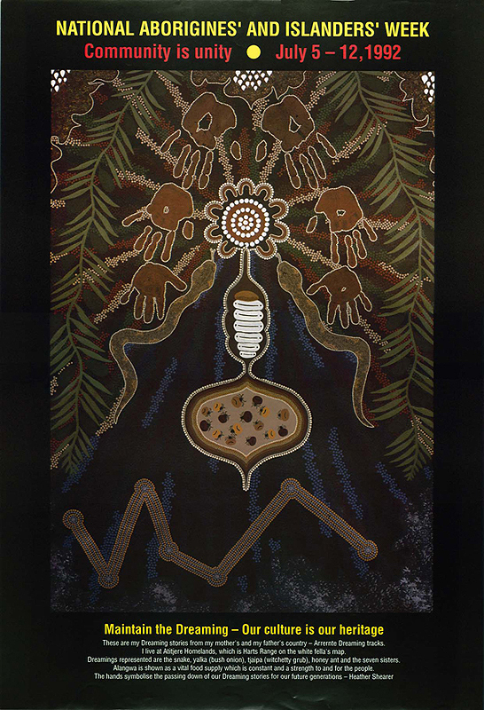 Colour ink on paper. Title: 'National Aborigines' and Islanders' Week. Community is Unity'. Features artwork on black background; yellow, orange and white printed text.