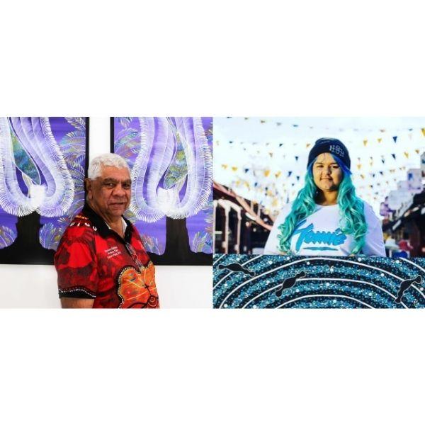 Two artists stand in front of their art works