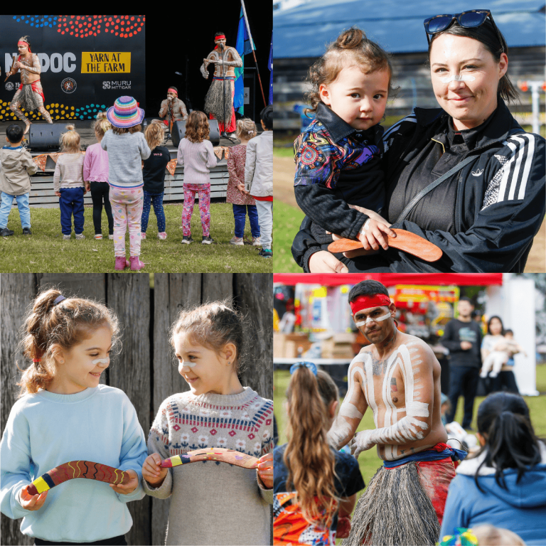 A boy on the sports field, a lady holds a child, two girls chat and an aboriginal man in front of a class