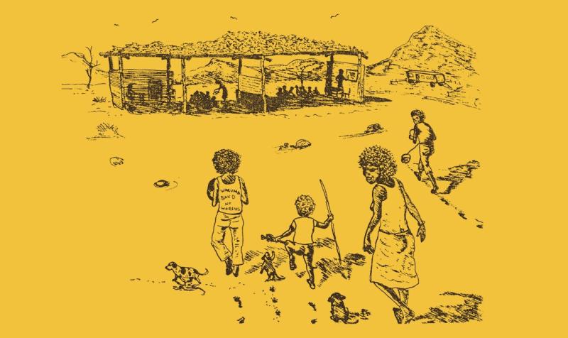 drawing of people in front of a house