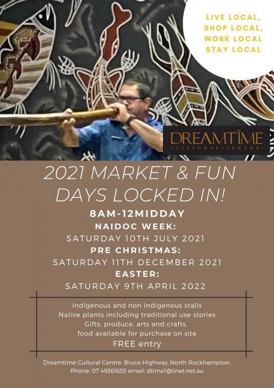 A man plays a didgeridoo with Indigenous artwork behind him. Words: 2021 Market and Fun Days locked in