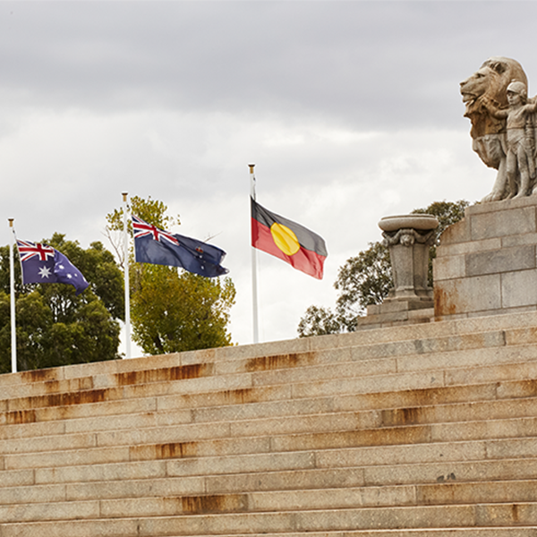 Three flags flying - the Australian, New Zealand and the Aboriginal flag.