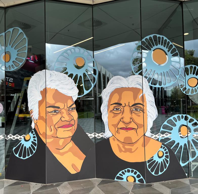 paintings of Aunty Irene Norman and Aunty Daphne Milward, Mullum Mullum Indigenous Gathering Place Elders by Amanda Wright on the Realm windows