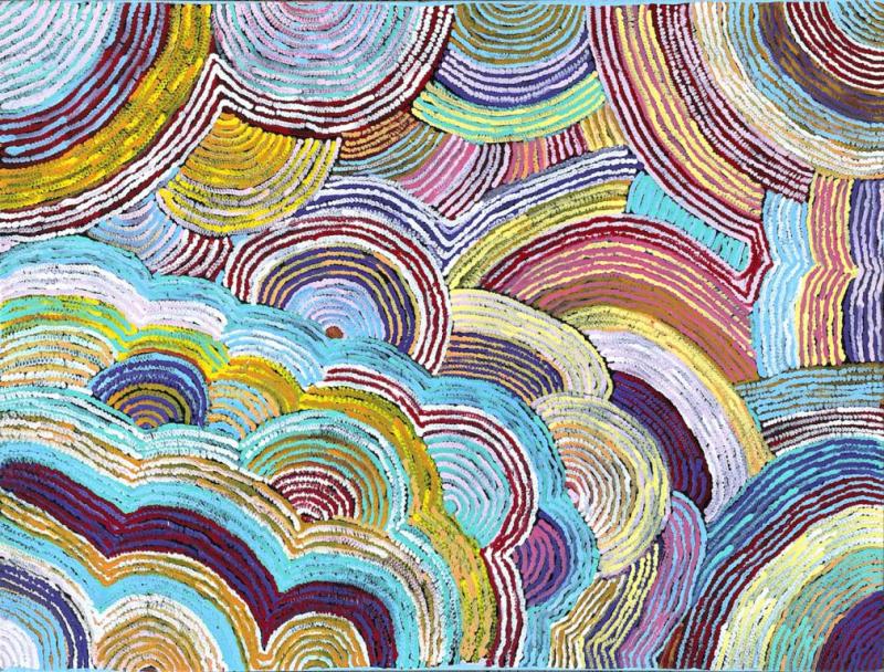 Eunice Napanangka Jack's paintings are interpretations of her country near Lake Mackay. She uses layers of colour to build up a vision of the bush flowers and grasses. Amongst this landscape Eunice's personal stories are told, either of the travellings of her “Tjukurrpa” - the Bilby - or the people who once lived in the area.