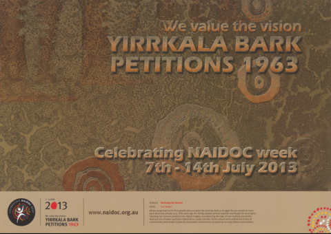 Brown bark background with wording We value the Vision, Yirrkala Bark Petitions 1963.