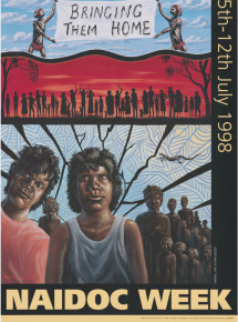 Features a painting depicting different scenes of Indigenous people, including two men holding up a white banner which contains the title.