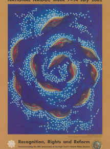Features a painting of Aboriginal faces in leaf shapes, arranged in a spiral against a blue background.