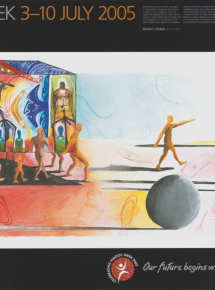 Stylised artwork in blues and reds with figures carrying a transparent cube/box that contains images of Indigenous people and symbolism of animals and implements, with one figure leading and pointing the way towards some grey boulders.