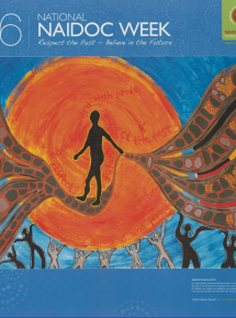 Image of a figure transposed against a vivid orange sun. The figure stands on a footbridge between two roads, one symbolising the future and one the past.