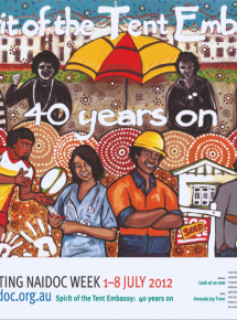 Top of poster is Old Parliament House grounds with the four protesters and a beach umbrella. Bottom section has Aboriginal and Torres Strait Islander people in education, sport, business, industry, healthcare and buying a house.