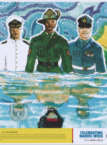 This poster depicts three brothers in military uniforms standing in water. Ancestors are reflected in the water.