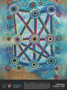 Dot artwork of Songlines criss-crossing, east to west, north to south, and diagonally.  They create a cultural network.
