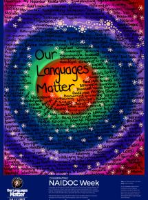 Text: ‘Our Languages Matter’. Hundreds of Aboriginal and Torres Strait Islander language names superimposed on pink, purple, blue, green, orange and yellow concentric circles.