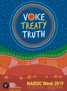 Text “Voice Treaty Truth” inside a large dot painted circle against a night’s sky. Underneath is stylised elements featuring red earth and Uluru.