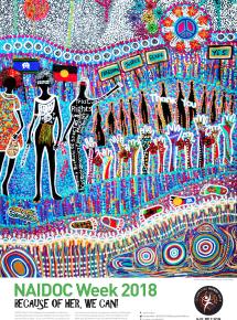 Aboriginal and Torres Strait Islander women past and present. Peace Symbols, foot prints and hands reaching up. Words: Thank you, Equal, Justice, Peace and Yes.
