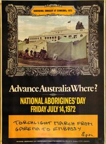 Aboriginal Tent Embassy with people sitting in front of three green tents with Old Parliament House in the background. A large blank yellow rectangle is at foot of poster and appears to be intended for the insertion of details about local events.