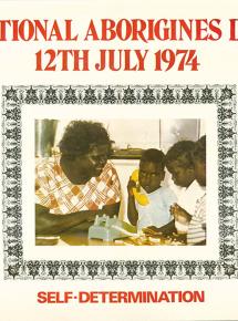 Text reads: Land Rights, Aboriginality, Health, Housing, Parliamentary representation, Employment, Mutual Understanding, Implementation of Woodward Report, Identity, Education, Unity of Purpose, N.A.C.C. Industrial Relations, Communication.