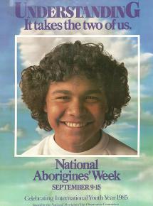 The poster also referenced the 1985 International Youth Year, with an image of a smiling younger Indigenous person.