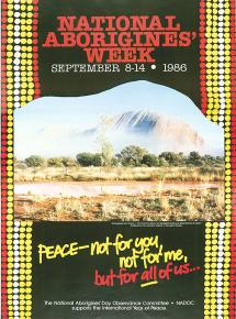 Text reads: 'Peace - not for you, not for me, but for all of us'. Captioned photograph on black background decorated by rows of red, yellow and white dots along vertical edges. Printed text above and below the photograph in red, white, and yellow print.